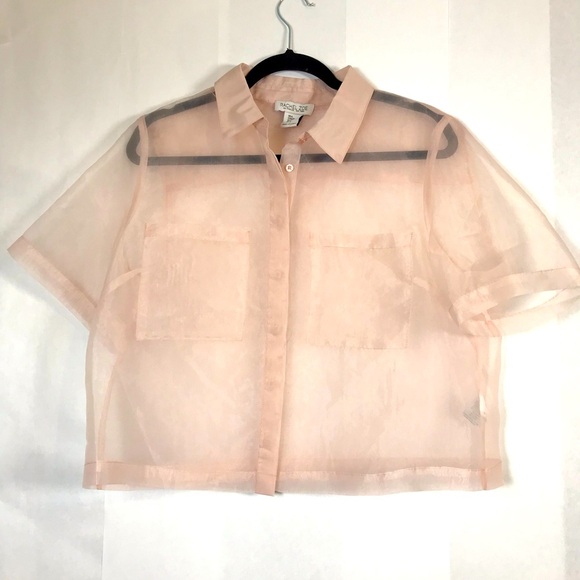 NWOT Rachel Zoe Pink Sheer Short Sleeve Button Down Cropped Blouse - Picture 1 of 6